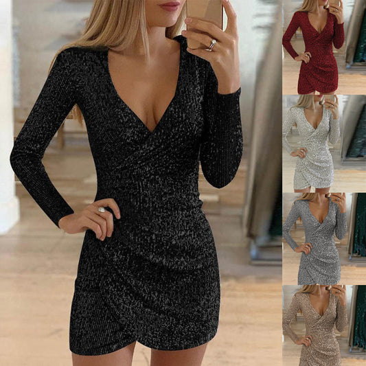 🎅Vánoční výprodeje – 50% SLEVA🎄Dámské třpytivé flitrové bodycon šaty s výstřihem do V